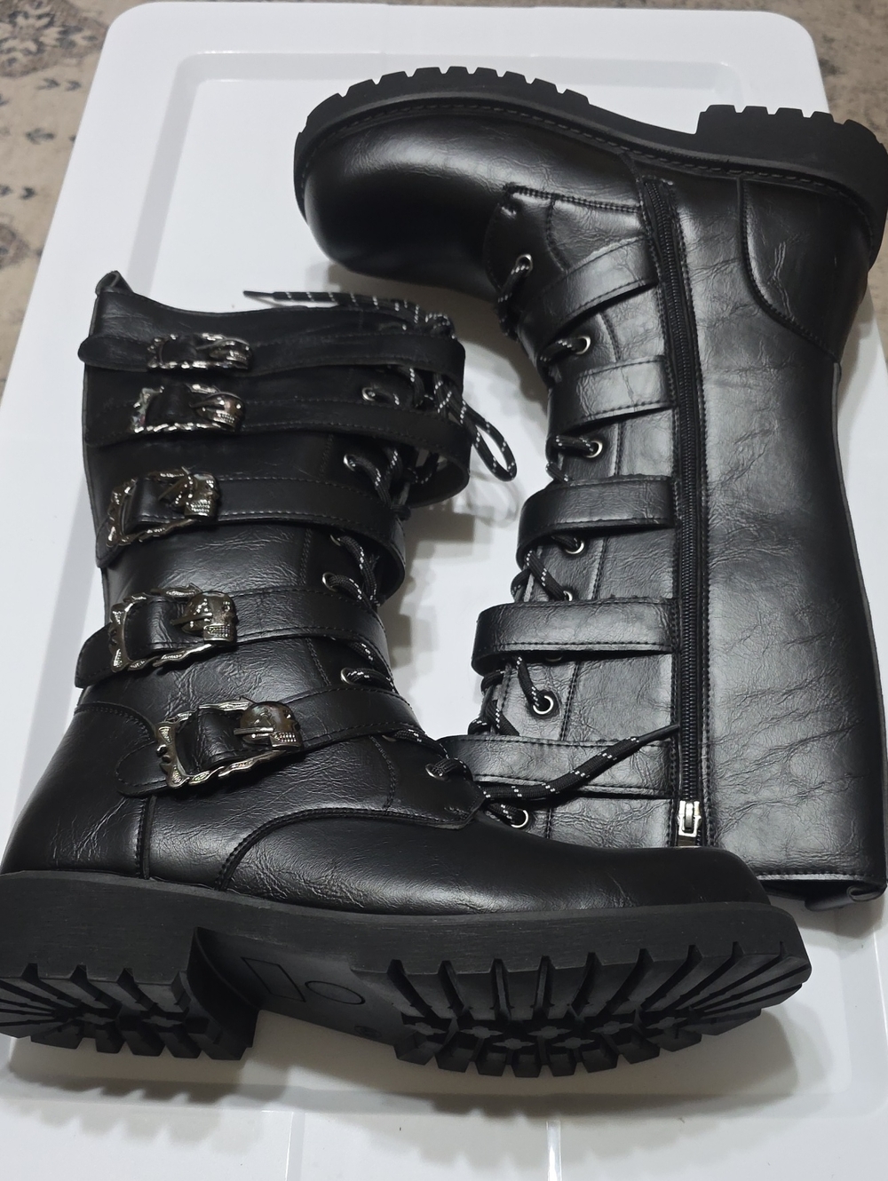 Women’s Black Leather Combat Boots with Buckle Straps